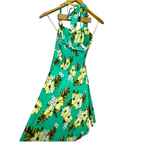 Sara USA Tropical Cotton Halter Dress With Smocked Back Green & Yellow Floral 30 - Picture 2 of 7